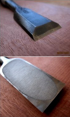 Image of the front and back of a Japanese chisel showing the distinctive laminated construction and hollowed back