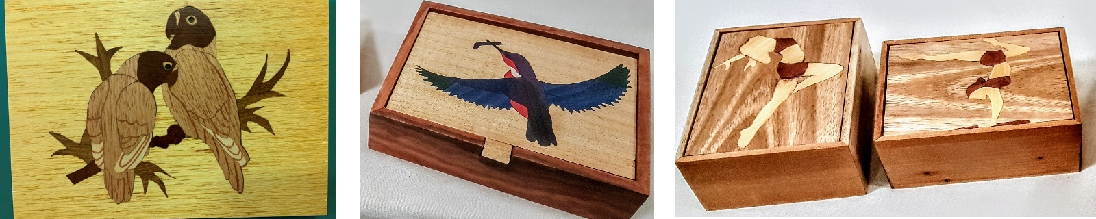 Marquetry examples showing some birds and ladies at the beach