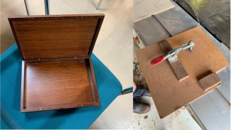 Image showing the box with hinges installed and the jig that Kevin uses to set them.